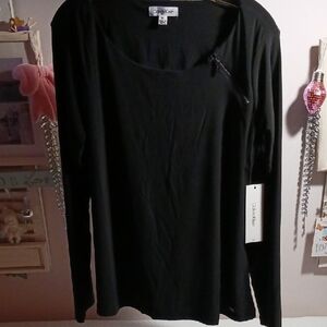 Gorgeous! Calvin Klein  Silky Black Long Sleeve Top Zipper Detail Design ⚜️